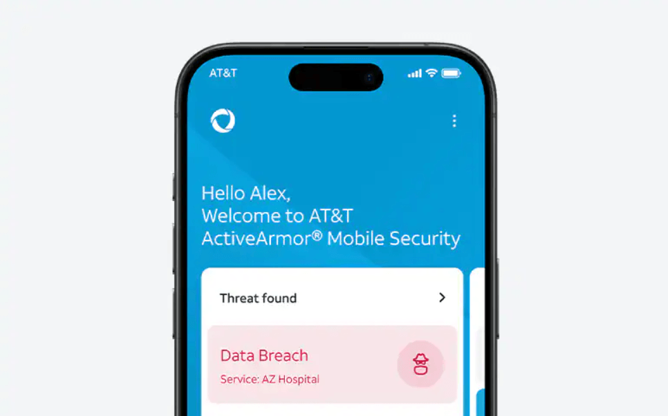 Mobile phone screen with AT&T ActiveArmor mobile security and identity protection controls.