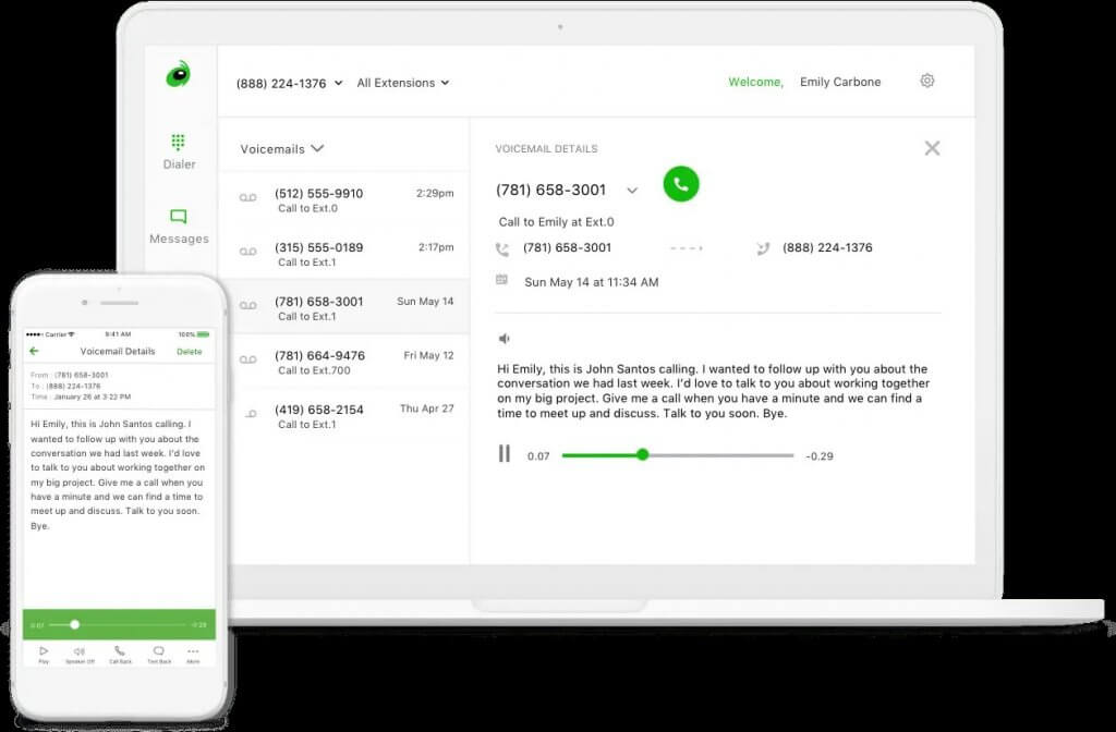 Voicemail transcription displayed in the Grasshopper mobile and desktop apps.