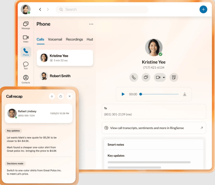 RingCentral AI Assistant call recap with summary and follow-up actions.