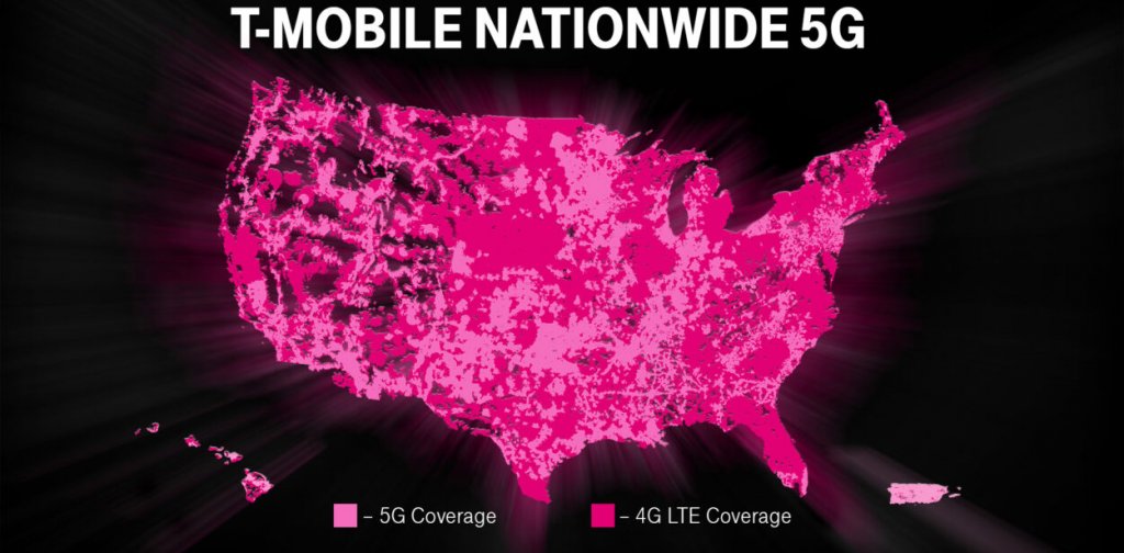 Black and pink T-Mobile nationwide business mobile coverage map.