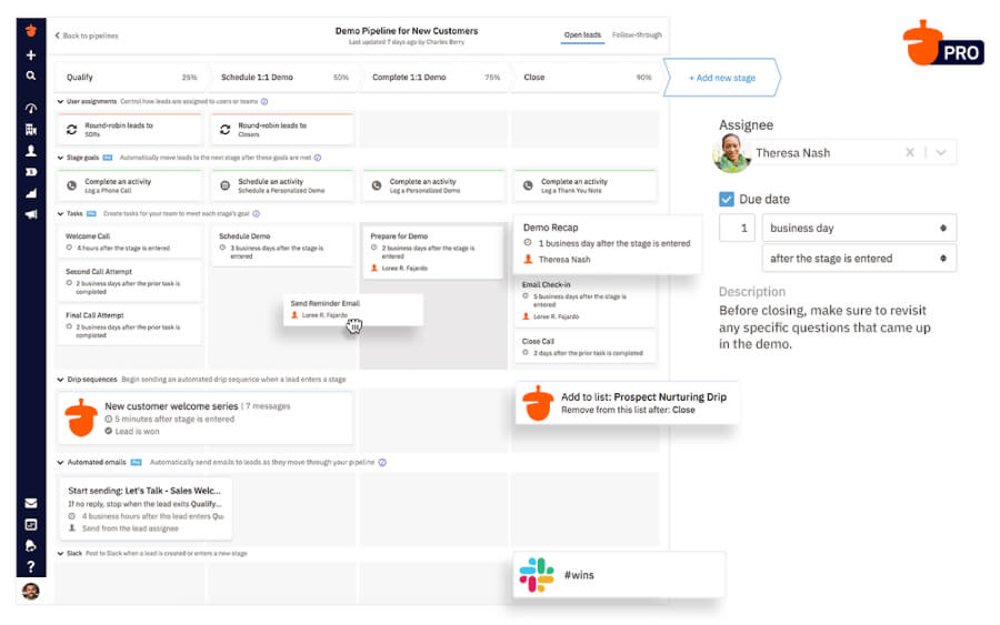 Nutshell CRM pipeline automation screen showing deal stages, lead assignments, tasks, drip sequences, automated emails, and Slack notifications.